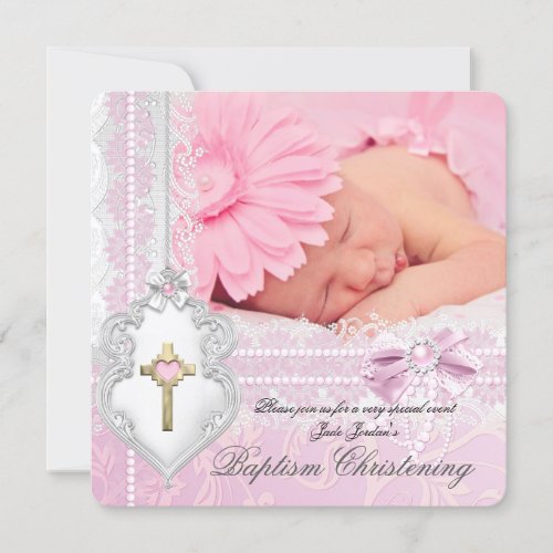 Baptism Pink White Lace Photo Pearl Cross Girl Invitation