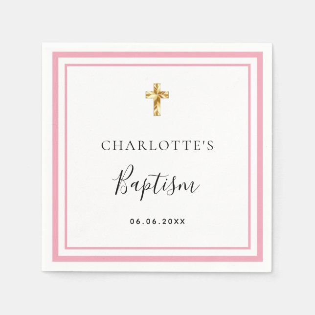 Baptism pink white name girl simple napkins (Front)