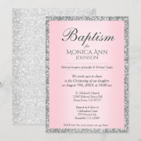 Baptism | Pink with Silver Faux Glitter Invitation