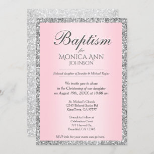 Baptism Pink with Silver Faux Glitter Invitation