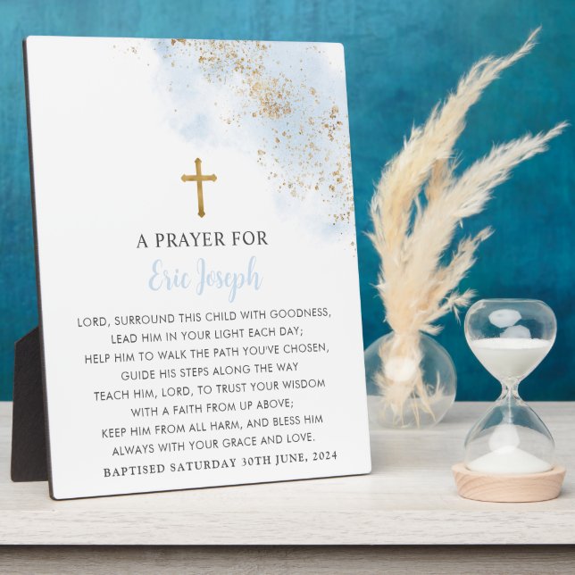 Baptism Prayer Sign Blue Gold Cross Boys Plaque (Side)