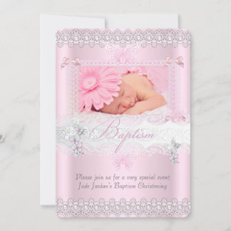 Baptism Pretty Pink Lace Photo Butterfly Girl Invitation