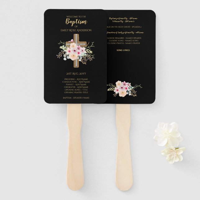 Baptism Program Fan - Floral Cross Black Gold (Front and Back)