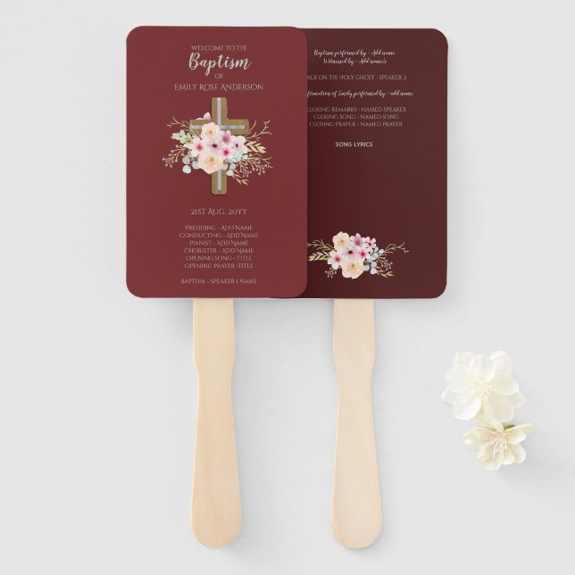 Baptism Program Fan - Floral Cross Burgundy (Front and Back)