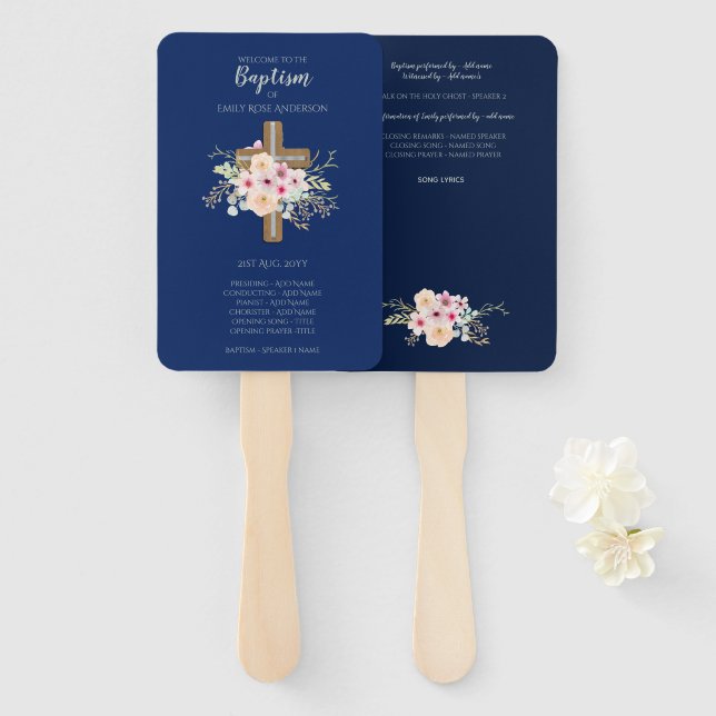 Baptism Program Fan - Floral Cross Navy Blue (Front and Back)