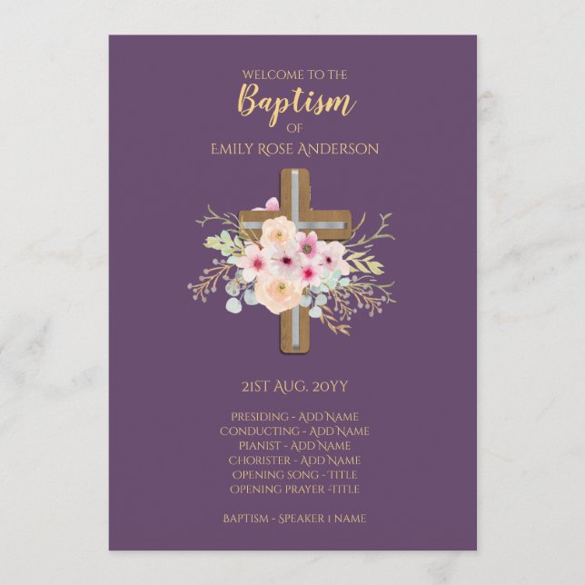 Baptism Program - Floral Cross Purple Gold (Front)