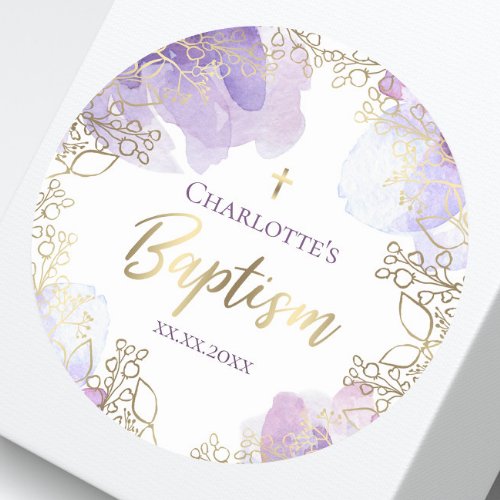 Baptism purple floral classic round sticker