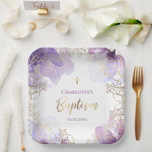 Baptism purple floral  paper plates