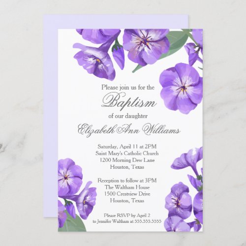 Baptism Purple Floral Watercolor Pretty Invitation