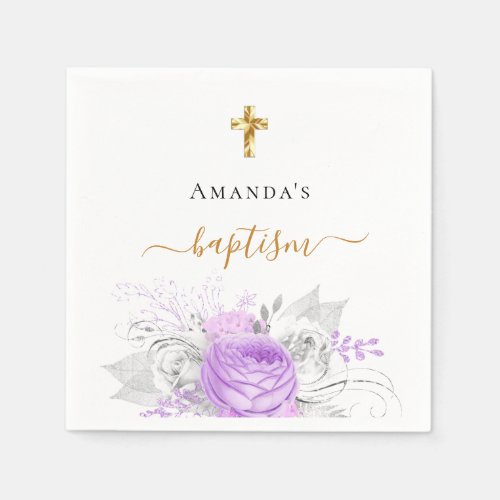 Baptism purple floral white elegant name girl napkins