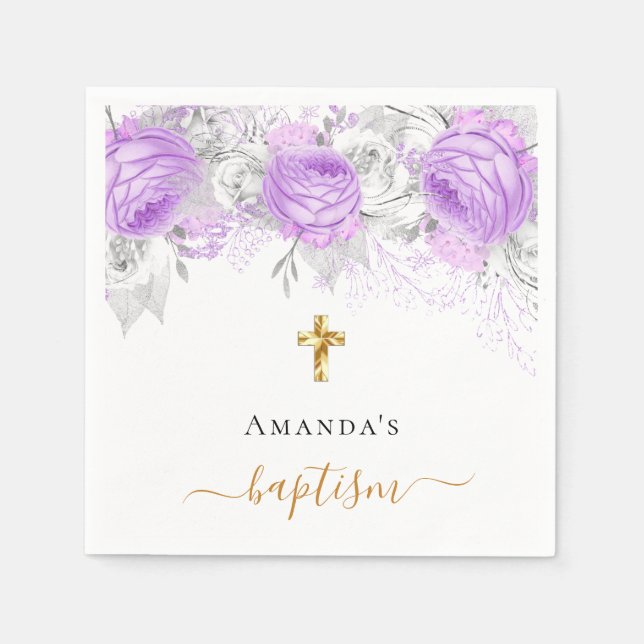 Baptism purple floral white elegant name girl napkins (Front)