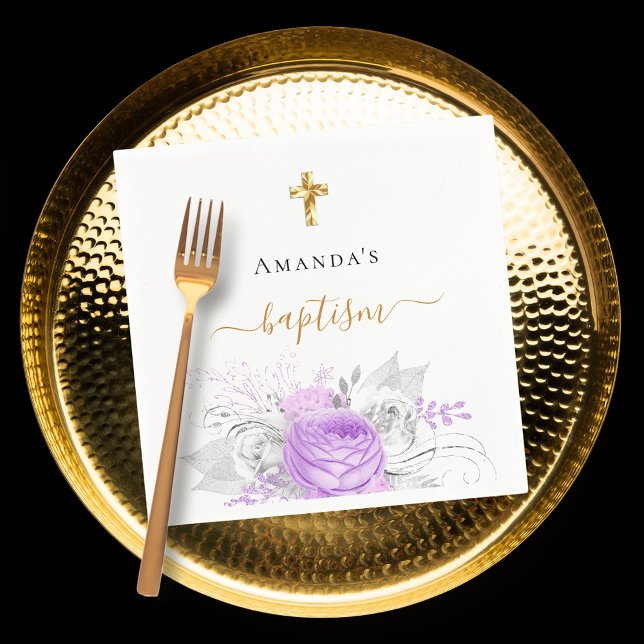 Baptism purple floral white elegant name girl napkins (Creator Uploaded)
