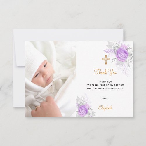 Baptism purple florals custom photo gold girl thank you card