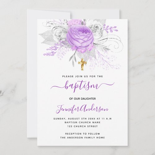 Baptism purple florals girl elegant white invitation