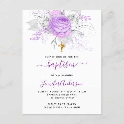 Baptism purple florals girl elegant white invitation postcard