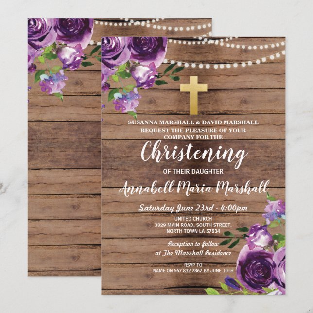 Baptism Purple Flowers Lights Christening Wood Invitation (Front/Back)
