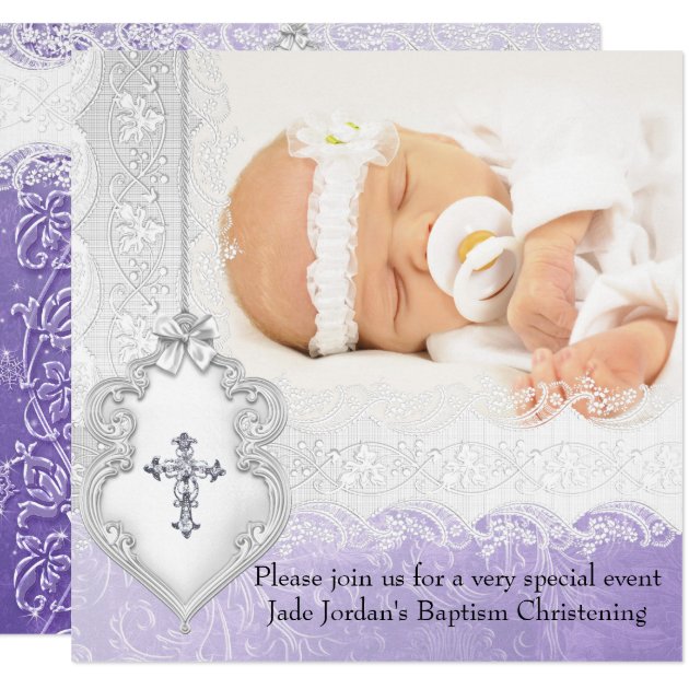 Baptism Purple White Lace Photo Jewel Cross Girl Card