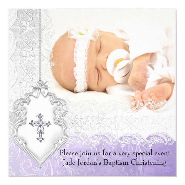 Baptism Purple White Lace Photo Jewel Cross Girl Card