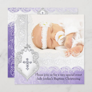 Baptism Purple White Lace Photo Jewel Cross Girl Invitation