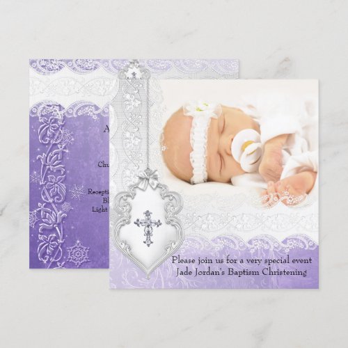 Baptism Purple White Lace Photo Jewel Cross Girl Personalized Invitation