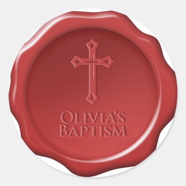 Baptism Red Wax Seal Cross & Name Elegant Sticker (Front)
