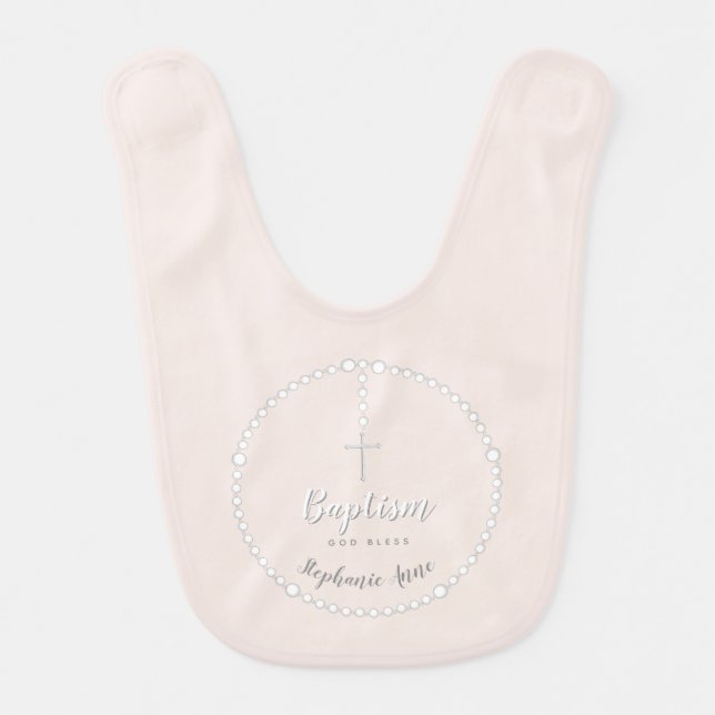 Baptism Rosary on Pink Baby Bib (Front)