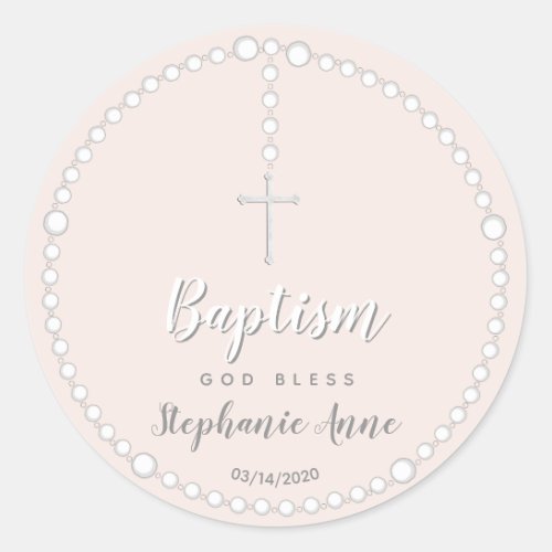 Baptism Rosary on Pink Classic Round Sticker