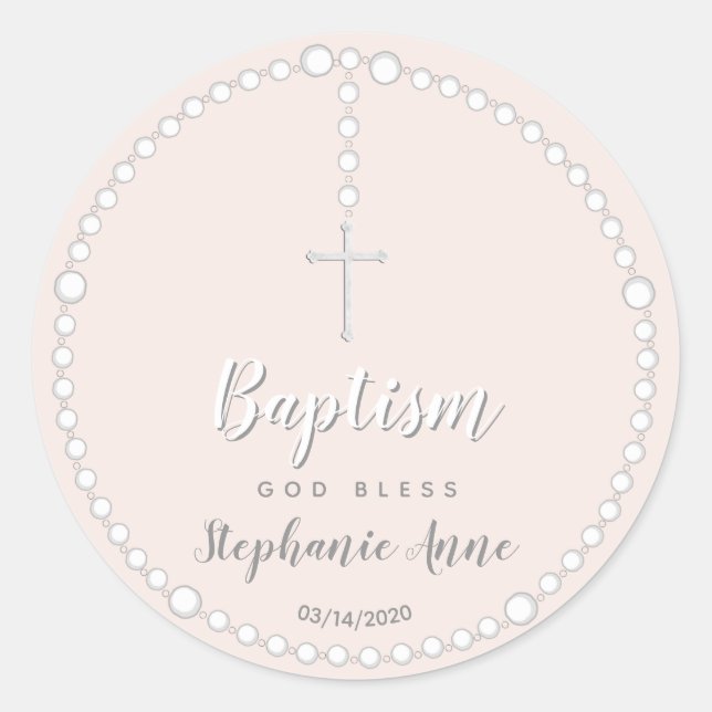 Baptism Rosary on Pink Classic Round Sticker (Front)