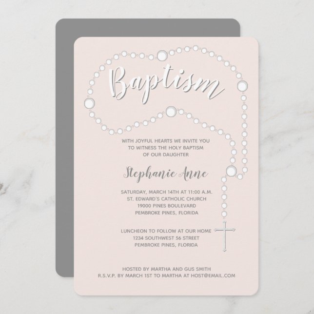 Baptism Rosary on Pink Invitation (Front/Back)