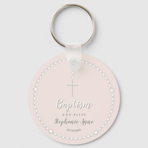 Baptism Rosary on Pink Keychain