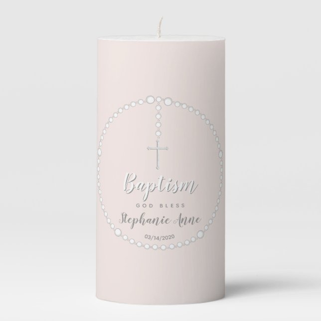 Baptism Rosary on Pink Pillar Candle (Front)