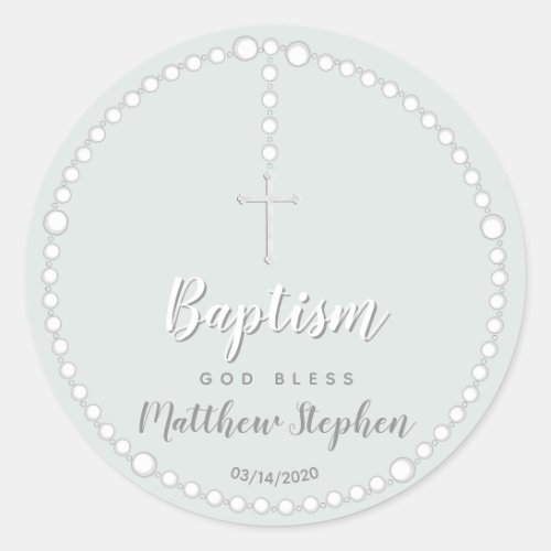 Baptism Rosary on Powdered Blue Classic Round Sticker