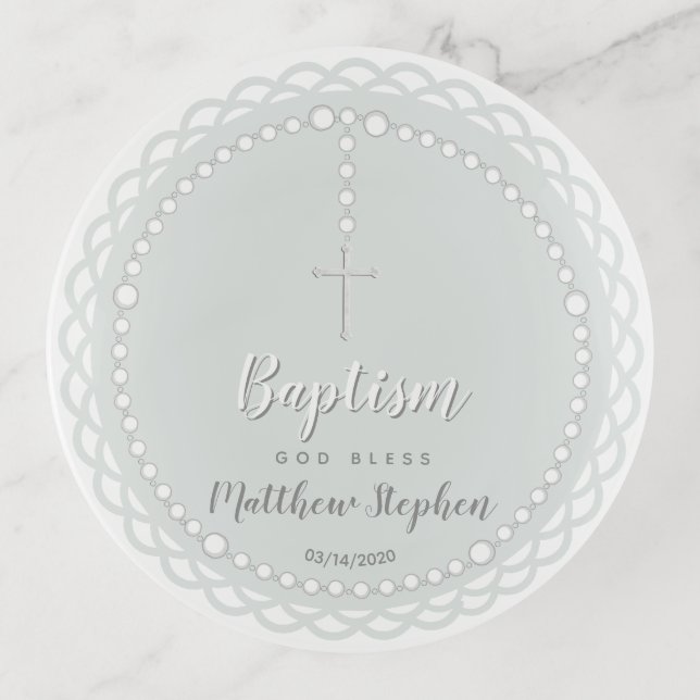 Baptism Rosary on Powdered Blue Trinket Tray (Front)