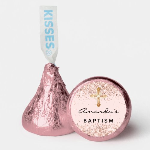 Baptism rose gold blush glitter dust cross name hersheys kisses