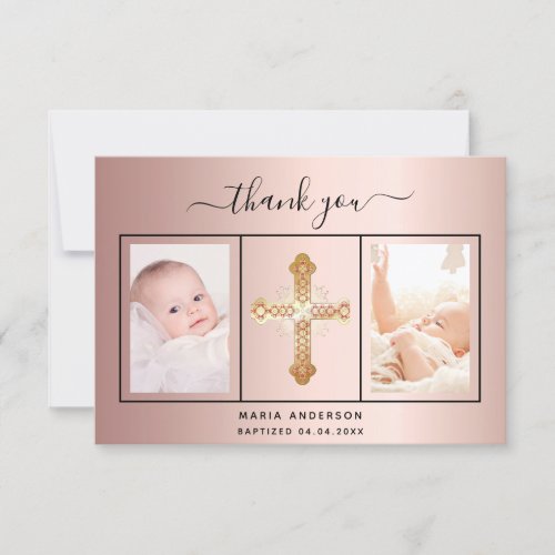 Baptism rose gold blush photo script girl  thank you card