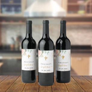 Baptism rose gold blush pink floral wine label