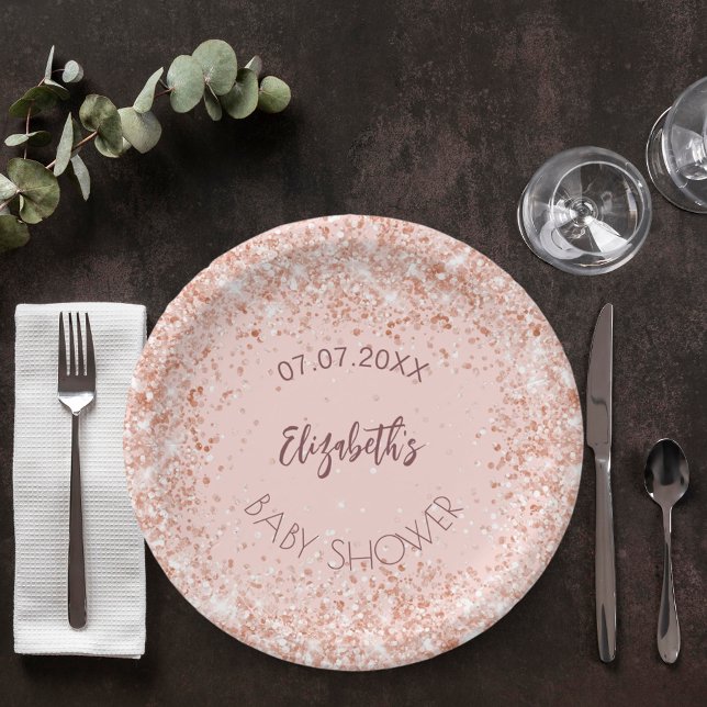Baptism rose gold confetti girl name paper plates (Creator Uploaded)