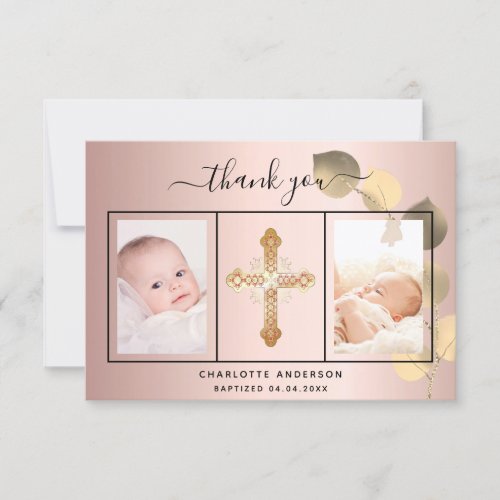 Baptism rose gold eucalyptus photo thank you card