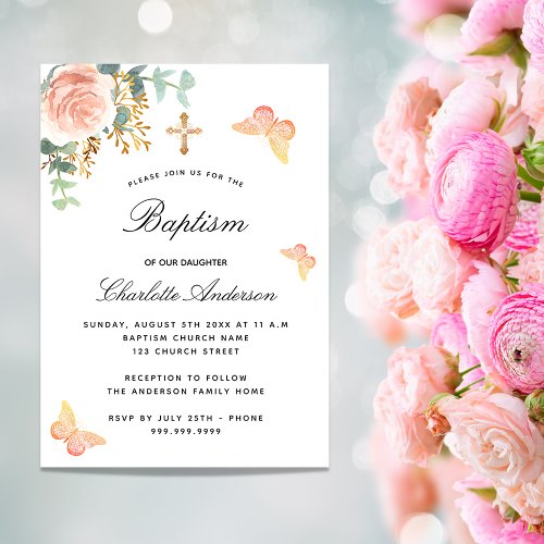 Baptism rose gold floral butterfly luxury invitation