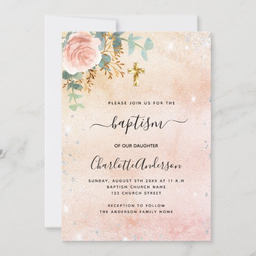 Baptism rose gold floral eucalyptus silver sparkle invitation