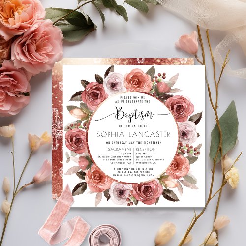 Baptism Rose Gold Floral Invitation