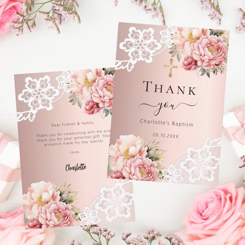 Baptism rose gold floral lace thank you card