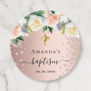 Baptism rose gold floral white pink girl favor tags