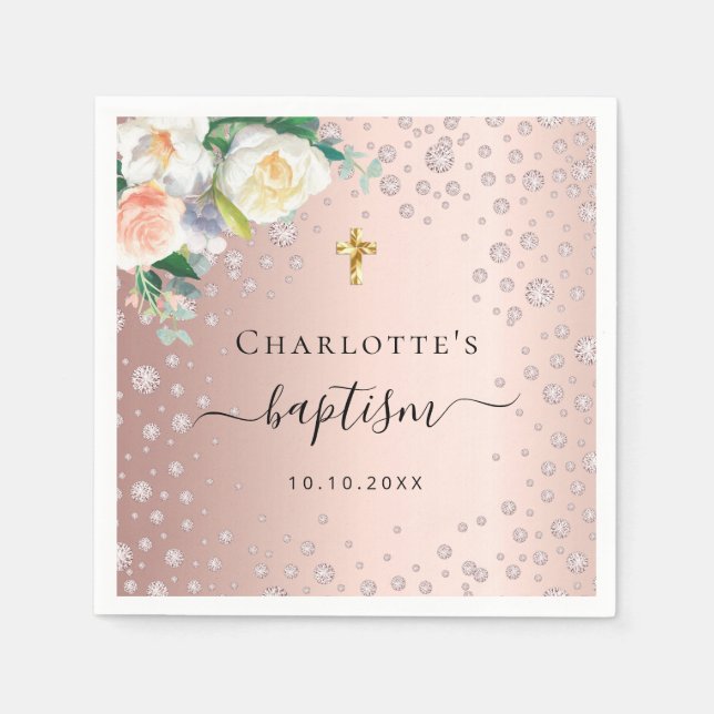 Baptism rose gold florals girl elegant name napkins (Front)