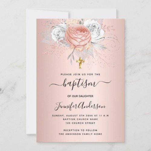 Baptism rose gold florals girl metal elegant invitation