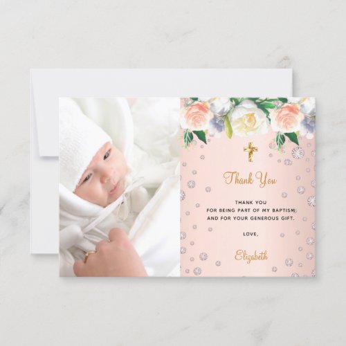 Baptism rose gold florals girl photo thank you card