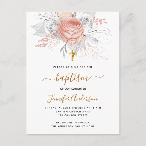 Baptism rose gold florals girl white elegant invitation postcard