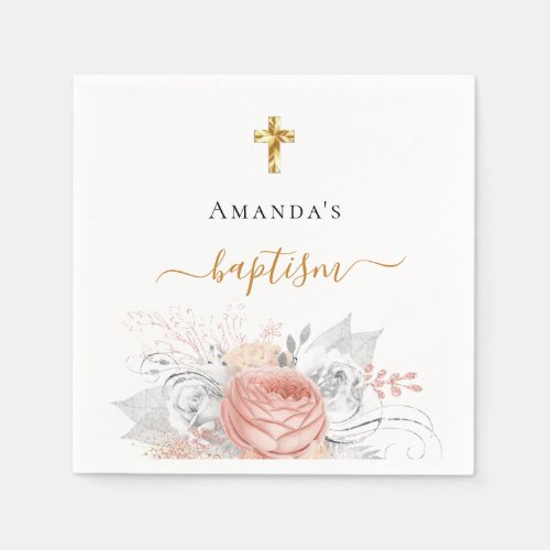 Baptism rose gold flower white elegant name girl napkins