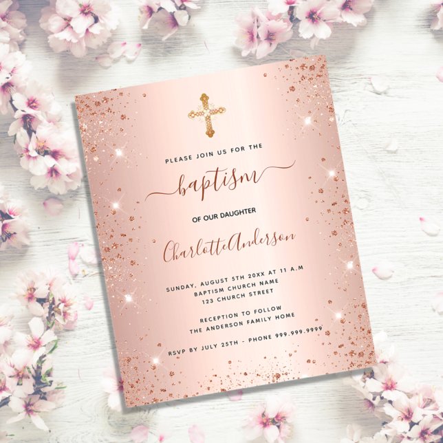 Baptism rose gold glitter girl budget invitation flyer (Creator Uploaded)