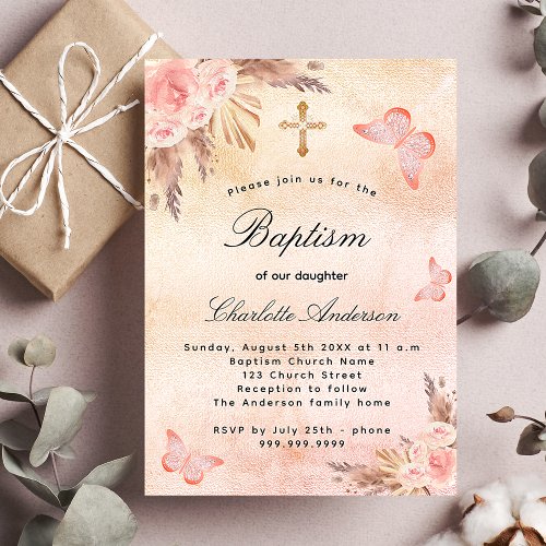 Baptism rose gold pink butterfly pampas luxury invitation